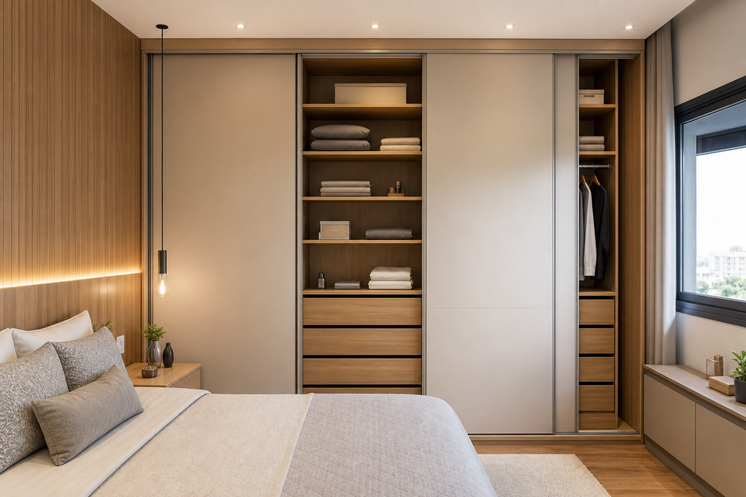 Guarda-roupa sob medida em quarto moderno com módulos planejados